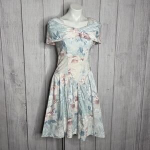Vintage 80s All That Jazz Romantic Garden Party Floral Off Shoulder Dress, sz S